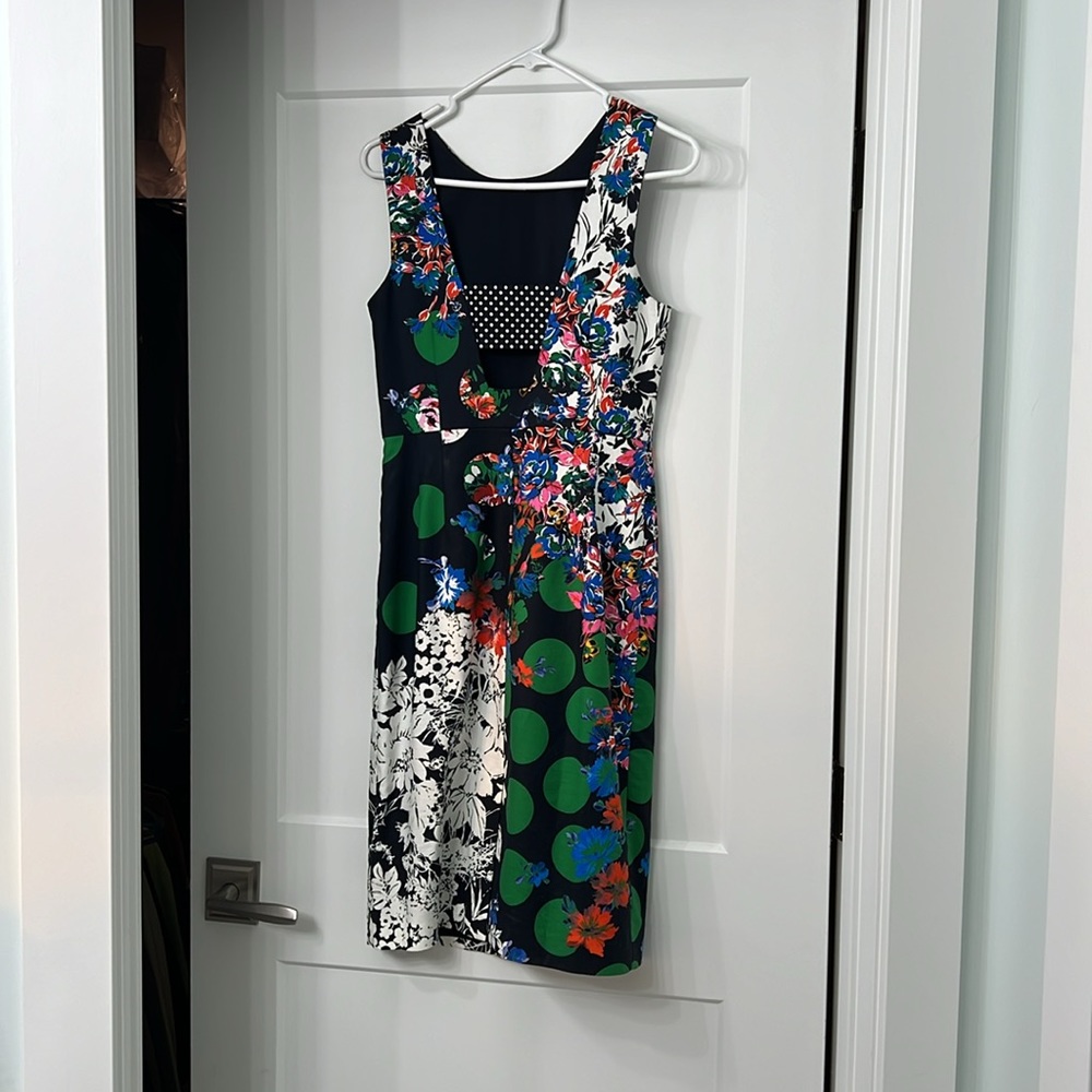 Anthropologie Maeve Sz 4 Vanda Navy Floral Green Polka Dot Pencil Dress - Picture 3 of 6